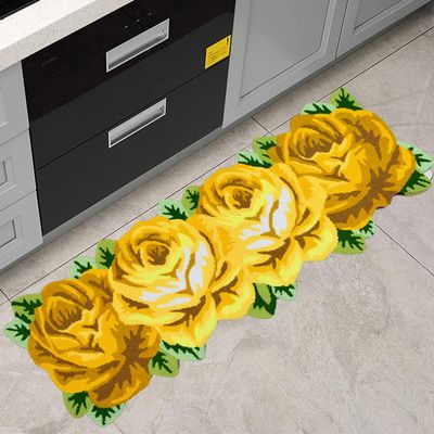 ABREEZE Farmhouse Rug - Laundry Rose Floor Runner - Handmade Yellow Floral Mats - Anti-Slip Modern Carpet - Washable Floor Mats for Bedroom/Sofa/Bathroom/Kitchen (4 Roses Runner, Yellow)