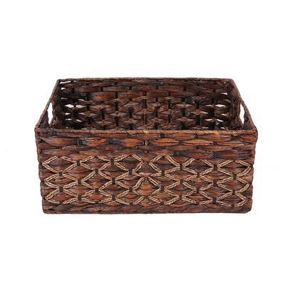 Rectangular Wicker Storage Basket, Dark Water Hyacinth Basket With Inside Handles Shelves Kitchen Office Desk (Large)