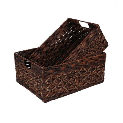 Rectangular Woven Water Hyacinth Basket,Dark Storage Basket With Inside Handle Shelves Kitchen Office Desk (Set of 2)