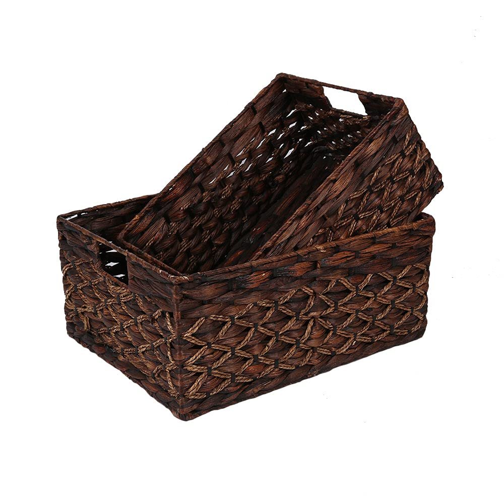 Rectangular Woven Water Hyacinth Basket,Dark Storage Basket With Inside Handle Shelves Kitchen Office Desk (Set of 2)