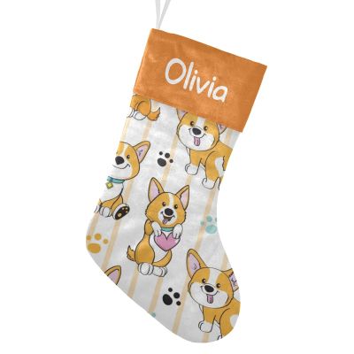 CUXWEOT Personalized Cute Dog Corgi Christmas Stocking Customize Name Xmas Socks for Family Holiday Decorations Gift 17.52 x 7.87 Inch