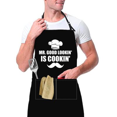 ERWYTYIOI Funny BBQ Black Chef Aprons for Men, Mr. Good Looking is Cooking - Fathers Day/Boyfriend/Husband/Dad Birthday Gift One Size Fits All Best for Cooking, Grilling Black