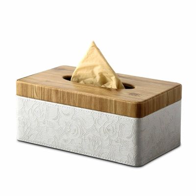 PIGOO Tissue Box Cover, Modern Rectangular Tissue Box Case Holder for Napkin Facial Paper, Decorative Organizer for Bathroom, Office Desk, Nightstand (White Flower Pattern)
