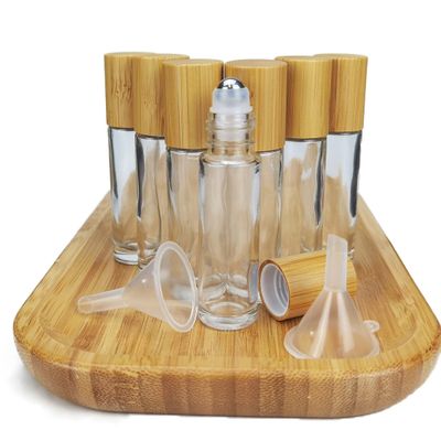 COSIDEA 18 pcs 10ml bamboo roller bottles With bamboo cap for essential oils empty glass roll on perfume bottle (Clear)