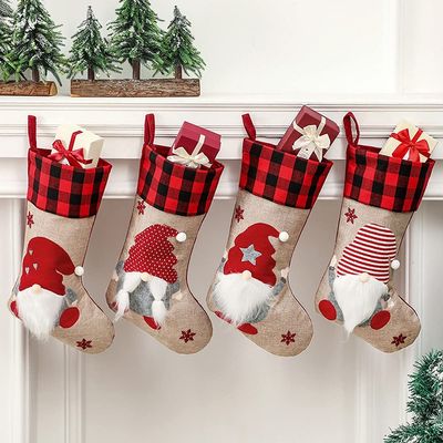 Anntool Christmas Gnomes Stockings, 4 Type Swedish Santa Tomte Stockings with Buffalo Plaid Cuffs and Snowflake Embroidery, Linen Xmas Gift Bag Holders for Family, Kids, Christmas Tree