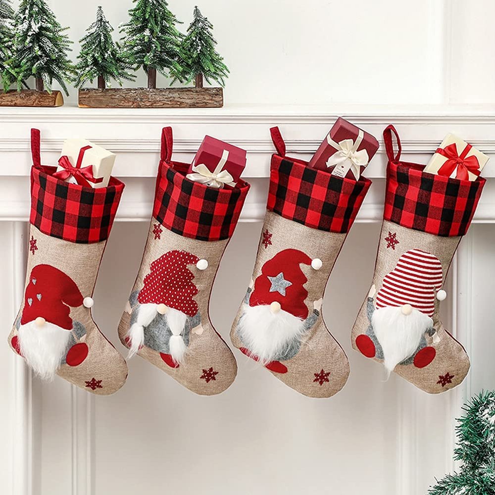 Anntool Christmas Gnomes Stockings, 4 Type Swedish Santa Tomte Stockings with Buffalo Plaid Cuffs and Snowflake Embroidery, Linen Xmas Gift Bag Holders for Family, Kids, Christmas Tree