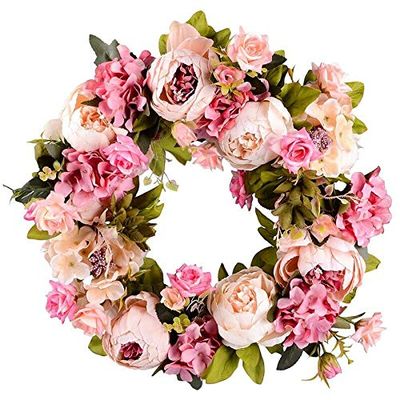 Artificial and Dried Artificial Flower Wreath Peony Wreath - 16inch Door Wreath Wreath Round Wreath for The Front Door, Wedding, Home D - ( Color: Pink; Size: M )