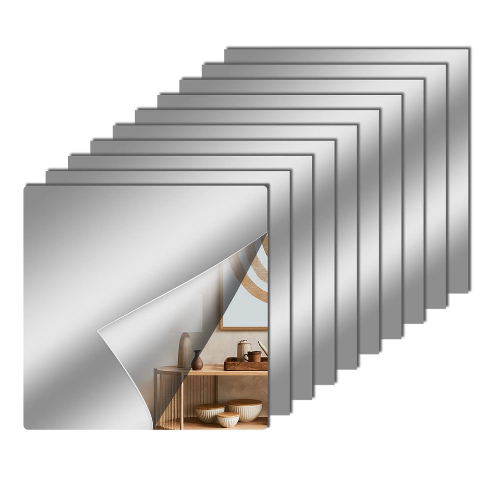 12 Pcs Acrylic Flexible Mirror Sheets, 12 x 12 in Mirrors Tiles Self Adhesive Square Cuttable Wall Stickers Non Glass Acrylic Safety Reflective for DIY Craft Home Wall Decoration