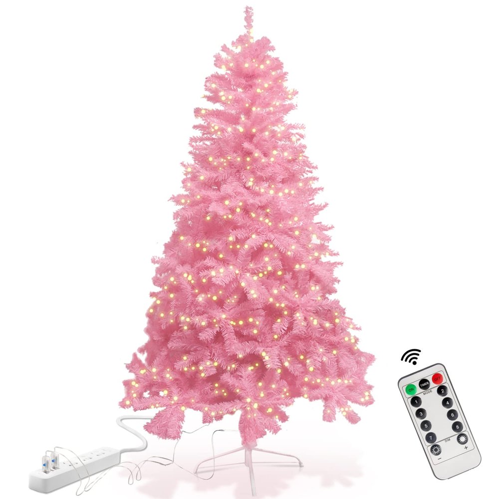 7.5ft Pink Christmas Tree with USB String Lights, Artificial Christmas Tree with Metal Stand 1000 Branch Tips 8 Lighting Modes Remote Timer-Xmas Party Office Mall Decorations