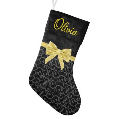 CUXWEOT Personalized Black Swirls Gold Print Bow Christmas Stockings Customize Name Candy Bag for Family Holiday Party Decorations Gift 17.52 x 7.87 Inch