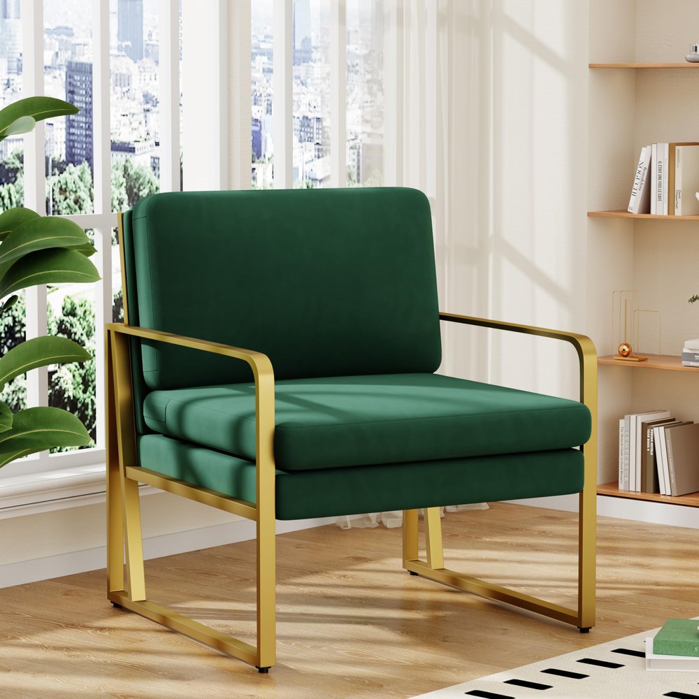 ALISH Accent Chairs, Upholstered Armchair Modern Living Room Chairs Linen Arm Chair Side Sofa Chairs Reading Chairs with Metal Legs for Bedroom, Living Room (Green, Set of 1)
