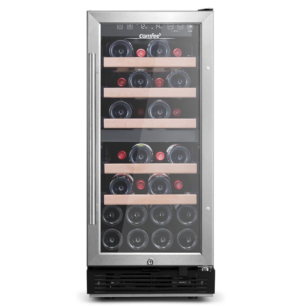 COMFEE' CRW28B7AST Freestanding & Built-in Wine Cooler, 28 Bottle Wine Fridge, Dual Cooling Zone, Digital Control, Glass Door Stainless Steel Frame