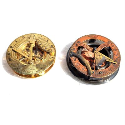 2 Piece Golden Polish & Black Antique Sundial Compass Vintage Brass Antique Nautical 4" Inch Steampunk Retro Sundial Captain Compass Nautical