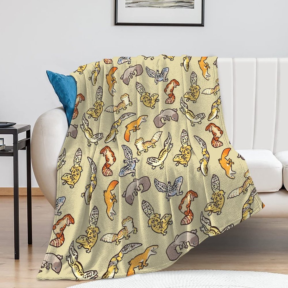 Hon-Lally Cartoon Cute Leopard Gecko Pattern Blanket Throw Warm Cozy Flannel Fleece Lightweight Plush for Living Room Bedroom Sofa Couch for Kids and Adults - 40inchx50inch White-style