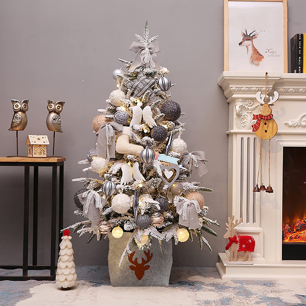 KKLT Snow Flocked Artificial Christmas Tree,Pre-Decorated Hinged Decorated Trees,with Star Ornaments Eco-Friendly Xmas Tree for Traditional Indoor-A 180cm(6ft)