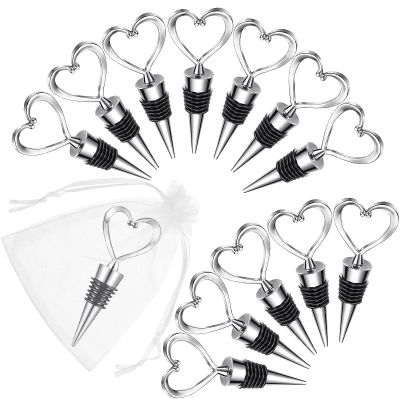 50 Pieces Heart Shape Wine Bottle Stopper Wedding Bridal Favor for Guests Stainless Steel Heart Wine Stopper with 100 Pieces White Sheer Organza Bags Wedding Favor Wine Fresh Holiday Party (Silver)
