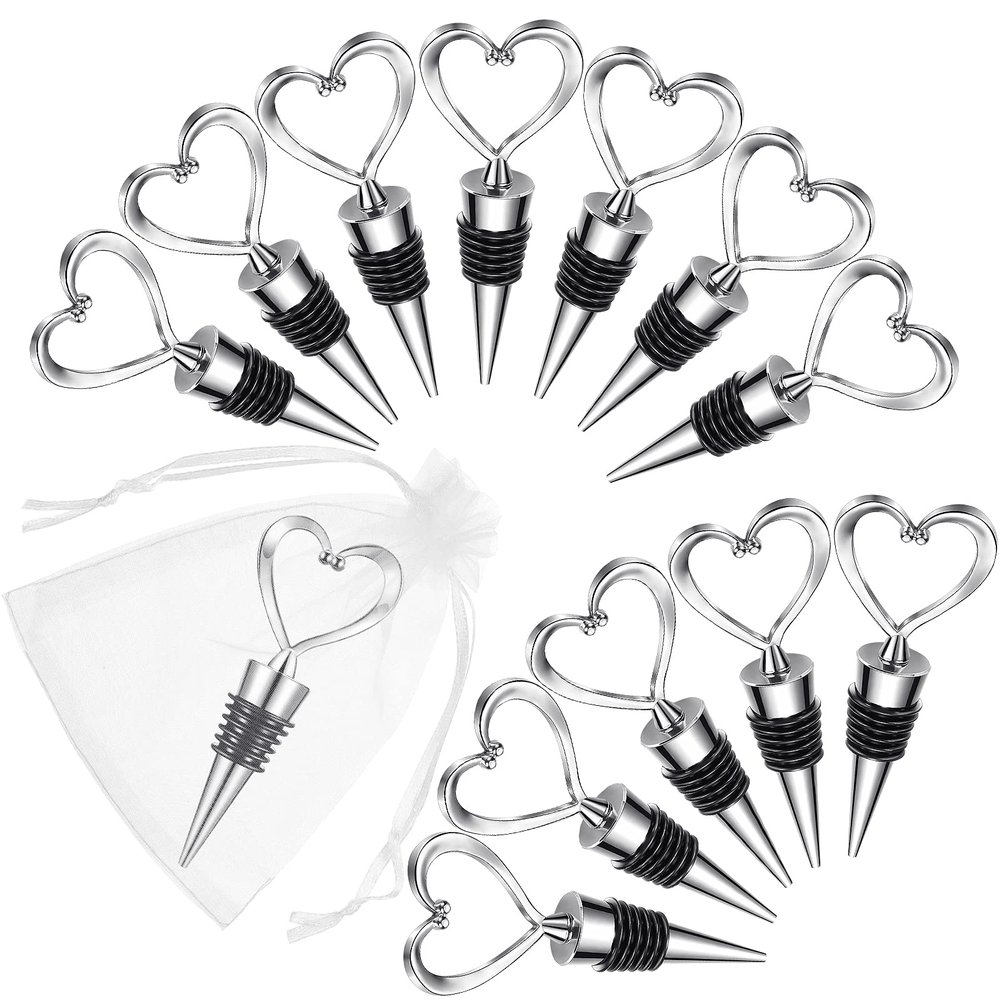 50 Pieces Heart Shape Wine Bottle Stopper Wedding Bridal Favor for Guests Stainless Steel Heart Wine Stopper with 100 Pieces White Sheer Organza Bags Wedding Favor Wine Fresh Holiday Party (Silver)