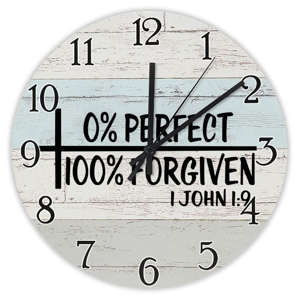 100% Forgiven 1:9 Clock Bible Verse Wall Clock Religious Quote Art Wooden Clock Christian Inspirational Saying Personalized Rustic Wood Clock Christian Thanksgiving for Her