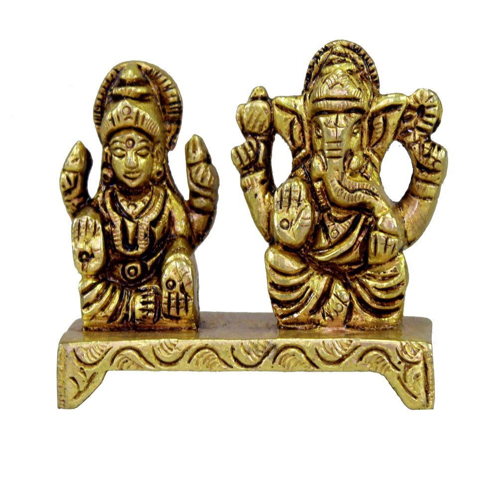 eSplanade Brass Laxmi Ganesh Idol | Ganesha Lakshmi Religious Figurine Hindu God Sculpture Murti Statue | Diwali/Workplace/Office - 2 Inches Height