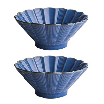 2pcs Japanese Flower Petal Ramen Bowl Ceramic Household Rice Bowl Kitchen Salad Bowl Soup Bowl (Color : Blue, Size : 19 * 8cm/7")