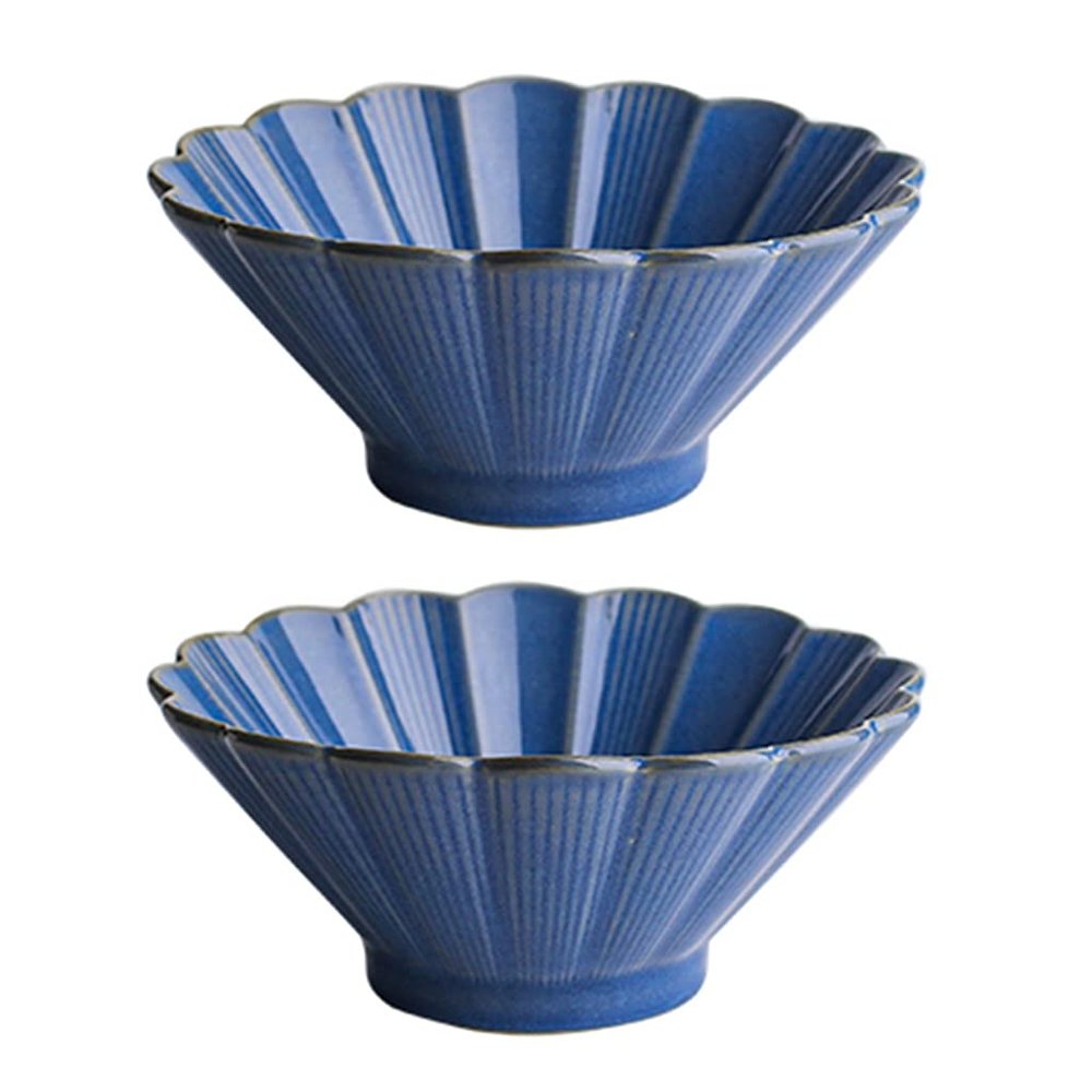2pcs Japanese Flower Petal Ramen Bowl Ceramic Household Rice Bowl Kitchen Salad Bowl Soup Bowl (Color : Blue, Size : 19 * 8cm/7")