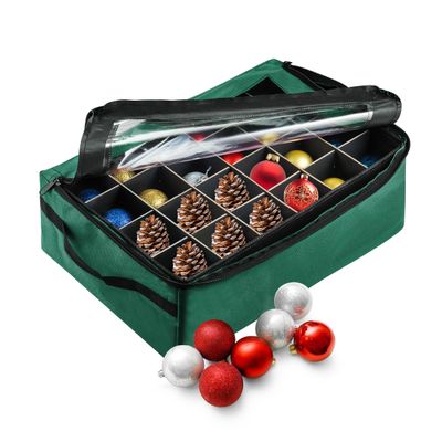 Ornament Storage Box - Zippered Organizer with 48 Individual Compartments and Dividers for Christmas Bulbs and Decorations by Tiny Tim Totes (Green)