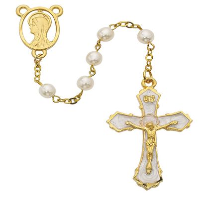 CatholicStore Madonna Rosary, 6mm Glass Pearl Beads, Gold Plated Pewter Center and 1-3/4" Enameled Crucifix