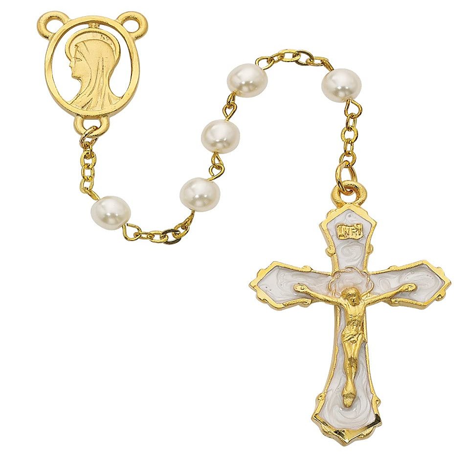 CatholicStore Madonna Rosary, 6mm Glass Pearl Beads, Gold Plated Pewter Center and 1-3/4" Enameled Crucifix