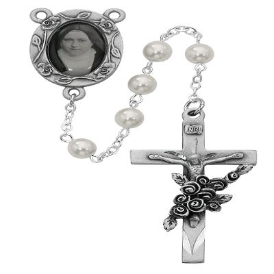 CatholicStore St. Therese of Lisieux Rosary, 6mm Glass Pearl Beads, Pewter Photo Center and 1-7/8'' Crucifix, MCV-792df