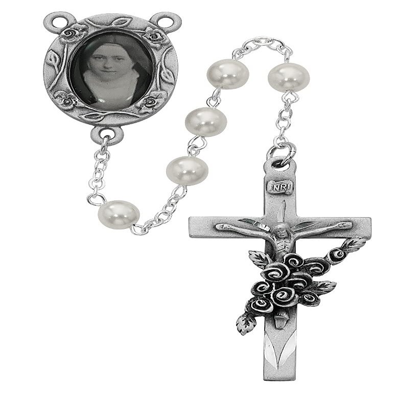 CatholicStore St. Therese of Lisieux Rosary, 6mm Glass Pearl Beads, Pewter Photo Center and 1-7/8'' Crucifix, MCV-792df
