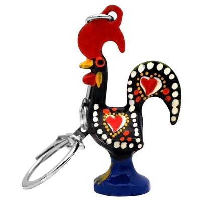 Galos Good Luck Portuguese Barcelos Rooster Metallic Keychain (Black), Medium