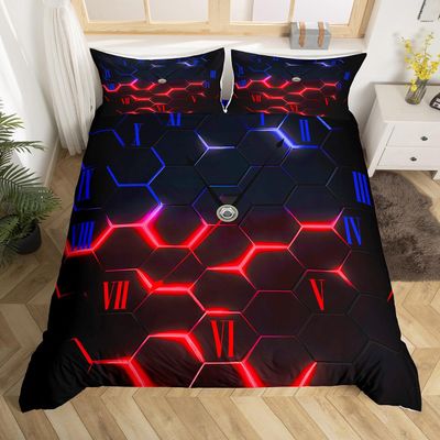 3D Honeycomb Duvet Cover Set Twin Size,Red and Blue Neon Light Hexagon Geometric Comforter Cover for Kids Boys Teens Bedroom,Abstract Art Polyester Soft Bedding Set with 1 Pillowcase, (No Comforter)