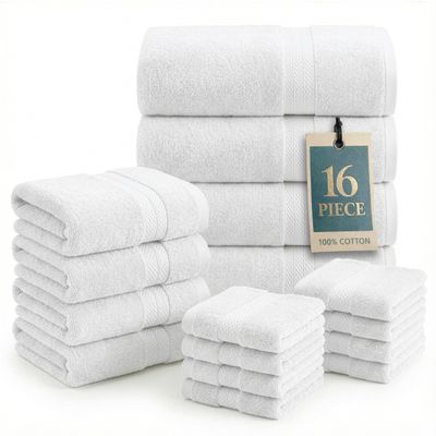 LANE LINEN 100% Mercerized Cotton Luxury Bathroom Towel Set - 16 Pcs - Super Soft, Fluffy & Highly Absorbent - 4 Bath Towels, 8 Washcloths, 4 Hand Towels - Complete Family Pack - White Bath Towel Set
