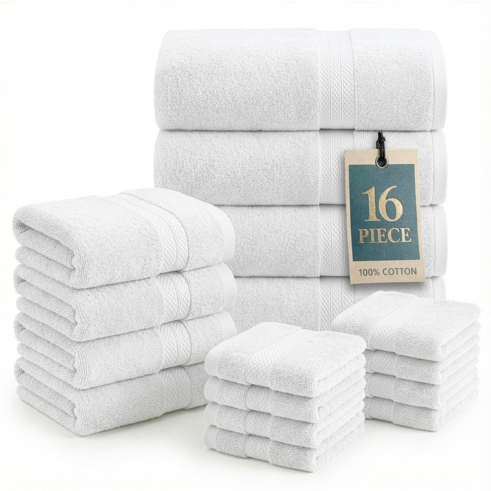 LANE LINEN 100% Mercerized Cotton Luxury Bathroom Towel Set - 16 Pcs - Super Soft, Fluffy & Highly Absorbent - 4 Bath Towels, 8 Washcloths, 4 Hand Towels - Complete Family Pack - White Bath Towel Set