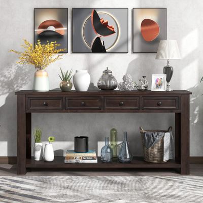 XD Designs Solid Wood Console Table, 64.2In Long Classic Accent Retro Entryway Sofa Table with 4 Storage Drawers and Bottom Shelf, Rustic Chic for Living Room Hallway (Espresso-1)