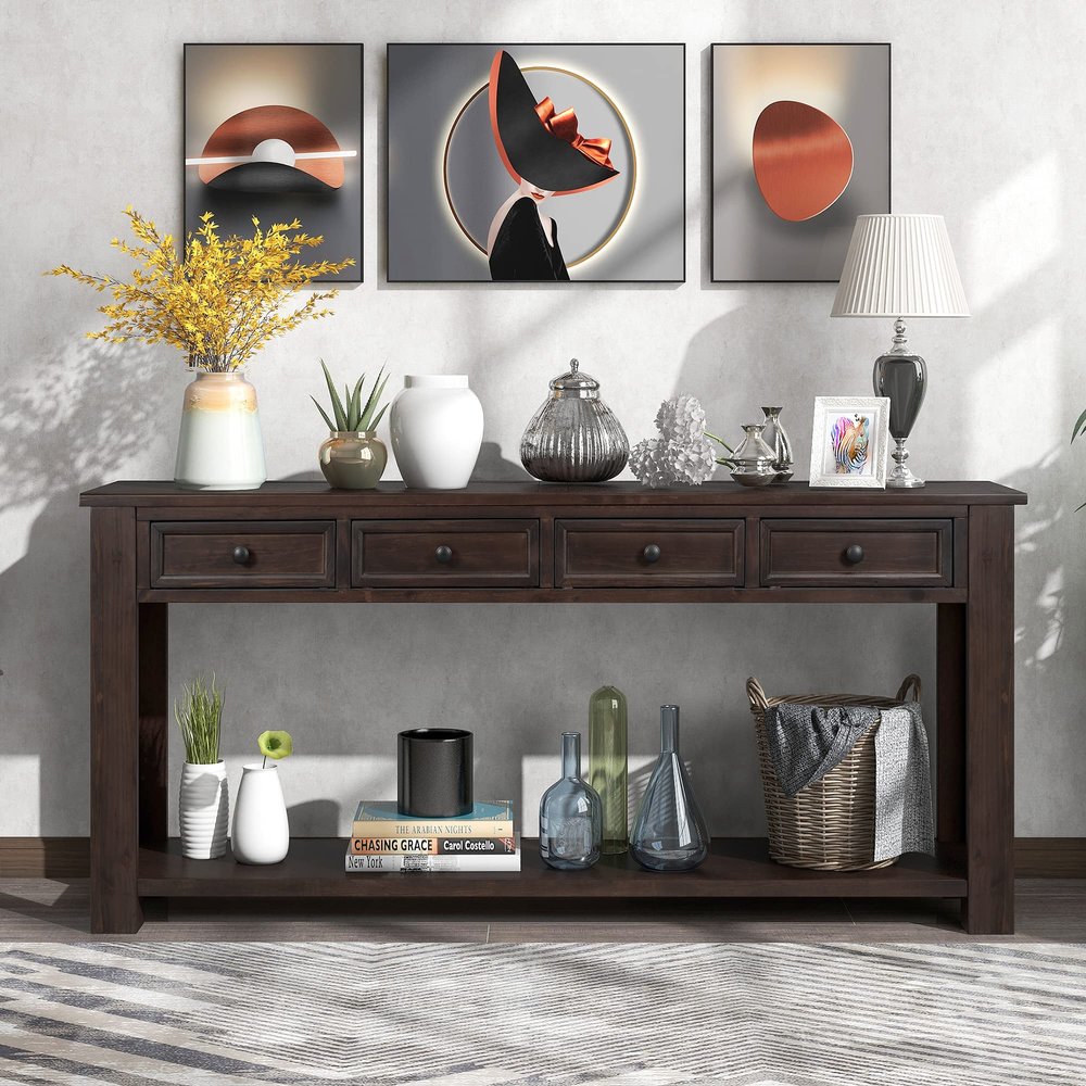 XD Designs Solid Wood Console Table, 64.2In Long Classic Accent Retro Entryway Sofa Table with 4 Storage Drawers and Bottom Shelf, Rustic Chic for Living Room Hallway (Espresso-1)