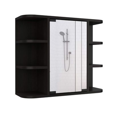 Roma Mirrored Medicine Cabinet with Six External Shelves and Three Interior Shelves, 19" H, Black, Bathroom