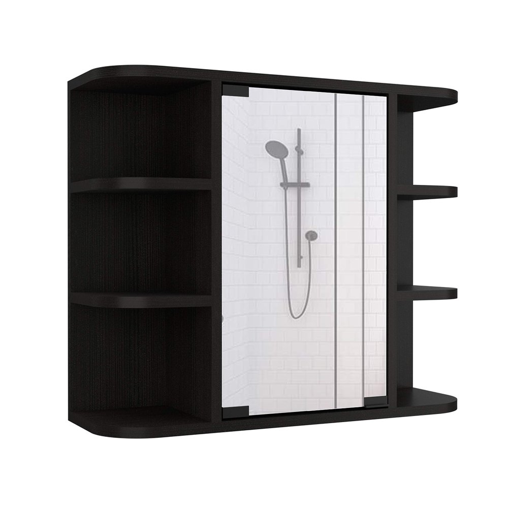 Roma Mirrored Medicine Cabinet with Six External Shelves and Three Interior Shelves, 19" H, Black, Bathroom