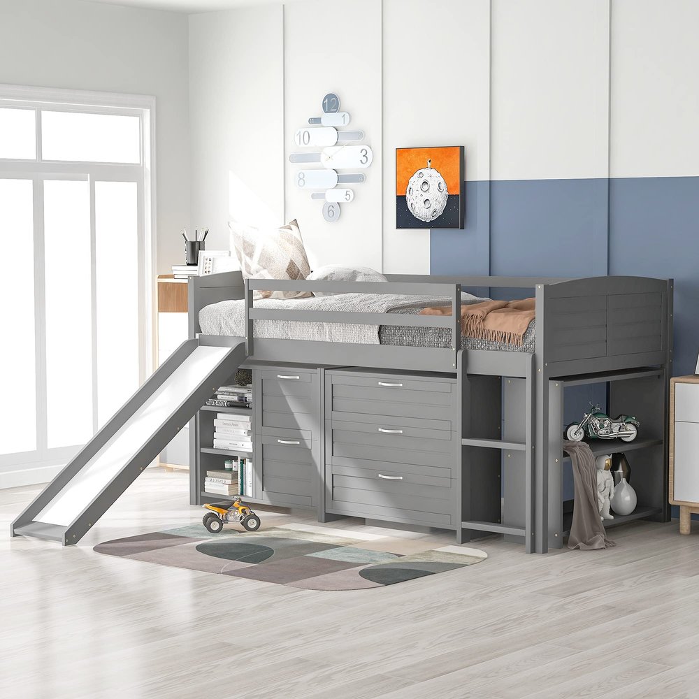 Low Twin Size Loft Bed with 5 Storage Cabinets/Slide/Drawes/5 Shelves for Kids, Wood Loft Bed Frame with Ladder/Guardrails for Teens/Boys/Girls (Gray+5 Drawes+5 Shelves)