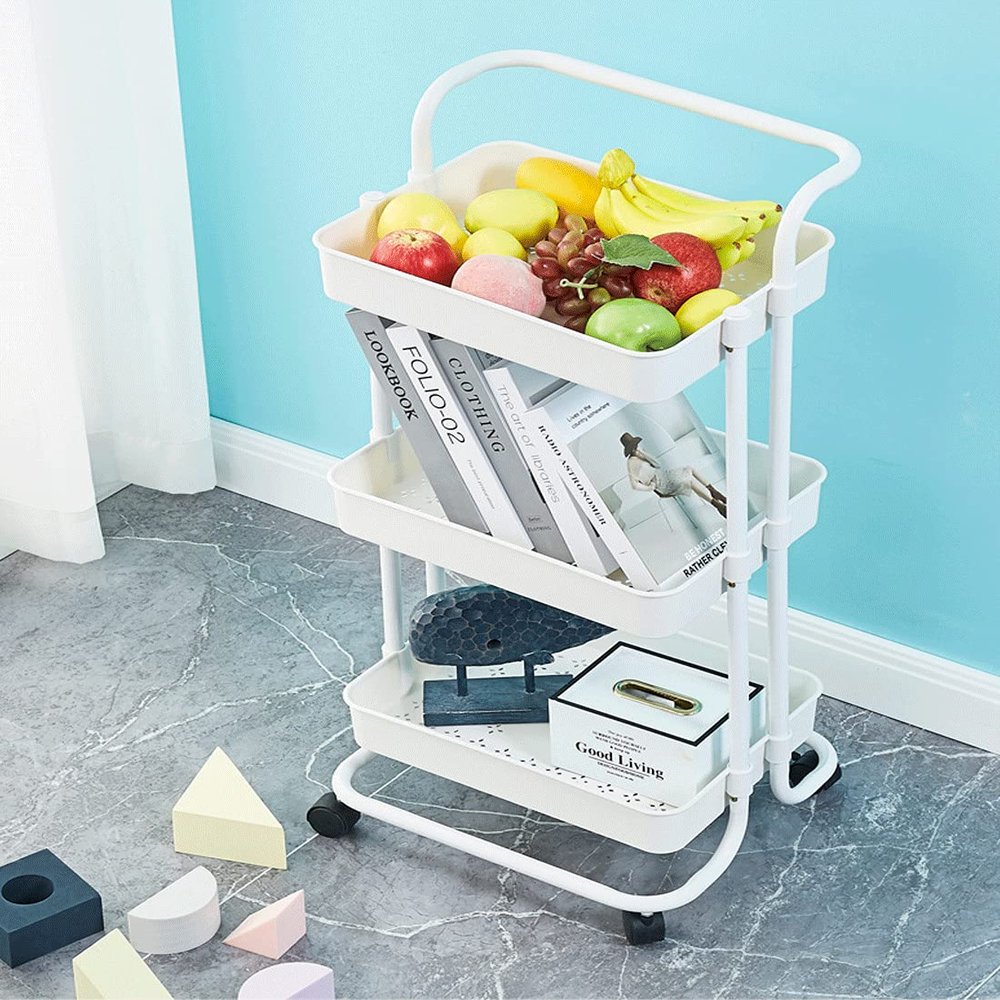 3 Tier Utility Rolling Cart with Lockable Wheels, Multifunction Movable Storage Shelves Organizer Cart with Handle and Mesh Basket for Kitchen, Coffee Bar, Bathroom (White)