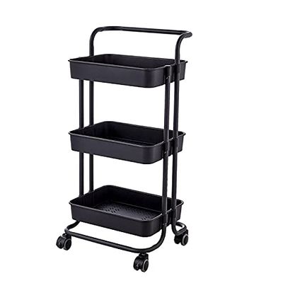 3 Tier Utility Rolling Cart with Lockable Wheels, Multifunction Movable Storage Shelves Organizer Cart with Handle and Mesh Basket for Kitchen, Coffee Bar, Bathroom (Black)