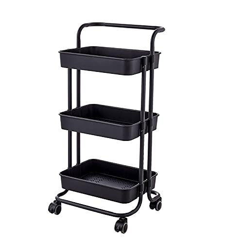 3 Tier Utility Rolling Cart with Lockable Wheels, Multifunction Movable Storage Shelves Organizer Cart with Handle and Mesh Basket for Kitchen, Coffee Bar, Bathroom (Black)
