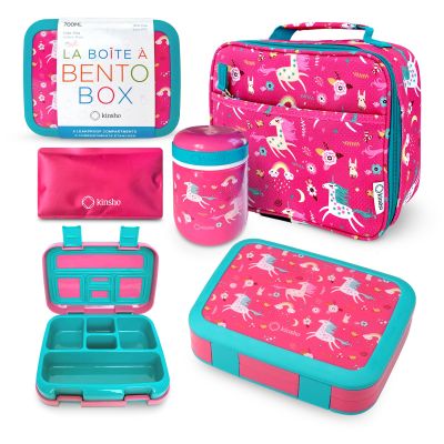 Bento Box with Lunch Bag, Insulated Stainless Steel Thermo for Hot-Cold Food or Soup, Ice Pack Set for Kids Girls Toddlers Snacks for Daycare, Ages 3 to 7, Pink Unicorn