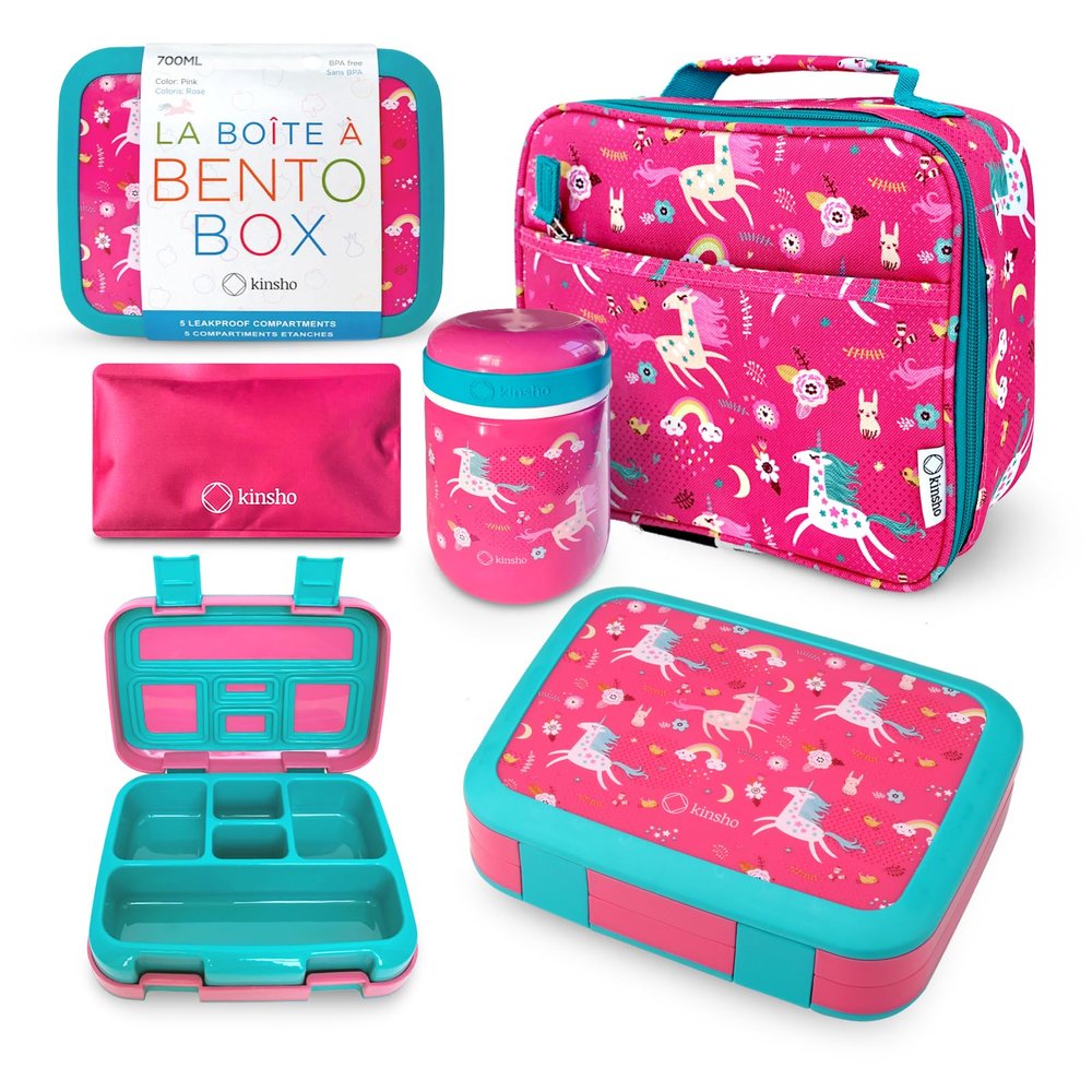 Bento Box with Lunch Bag, Insulated Stainless Steel Thermo for Hot-Cold Food or Soup, Ice Pack Set for Kids Girls Toddlers Snacks for Daycare, Ages 3 to 7, Pink Unicorn