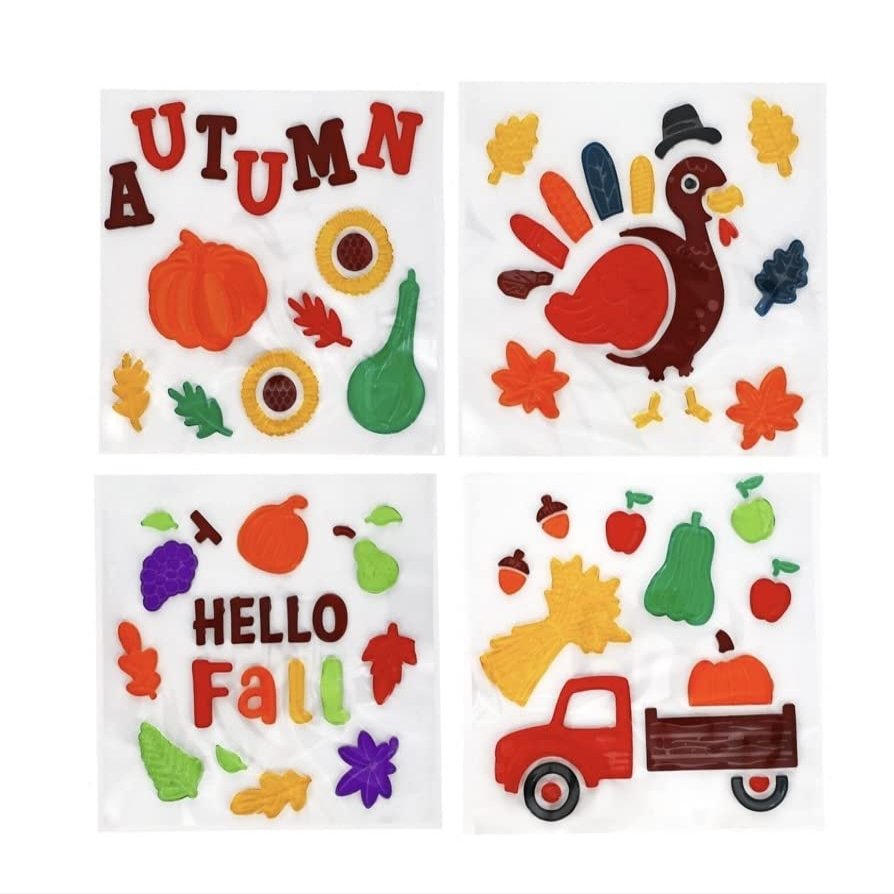 4 Sheets Happy Thanksgiving Holiday Gel Cling for Window/Glass Assortment Decorations Hello Fall Autumn Turkey 75pcs KC Bundle Decorations