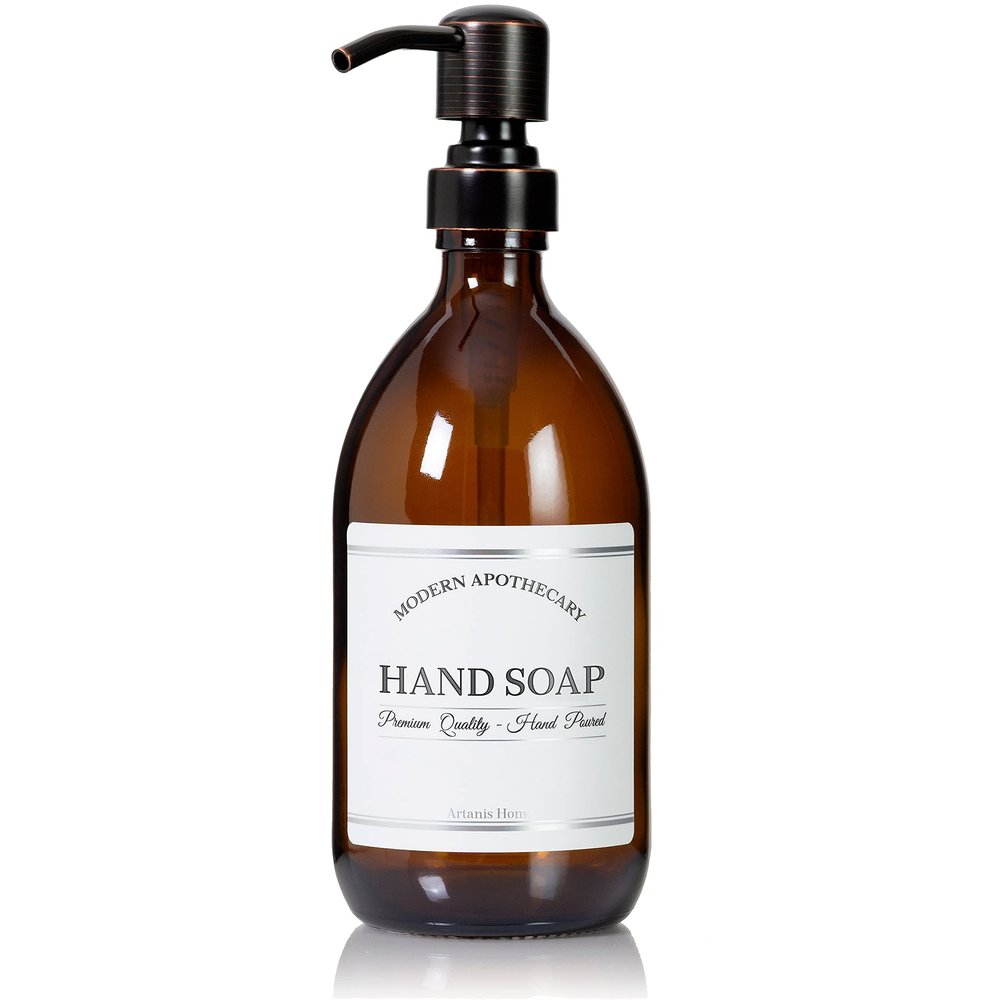Artanis Home Refillable Amber Glass Hand Soap Dispenser 16 oz Chrome Accent Waterproof Labeled Apothecary Bottle with Oil Rubbed Bronze Pump
