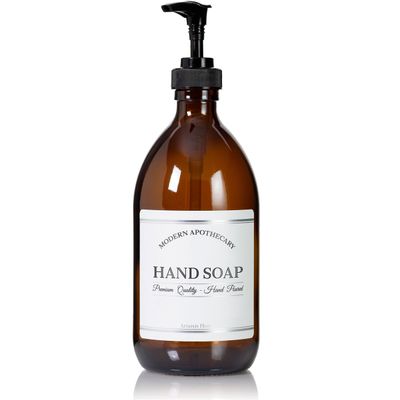 Artanis Home Refillable Amber Glass Hand Soap Dispenser 16 oz Chrome Accent Waterproof Labeled Apothecary Bottle with Black Plastic Pump