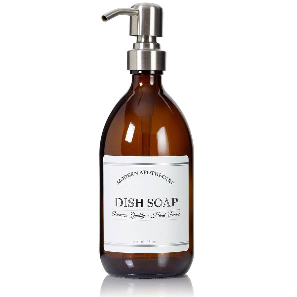 Artanis Home Refillable Amber Glass Dish Soap Dispenser 16 oz Chrome Accent Waterproof Labeled Apothecary Bottle with Stainless Steel Pump