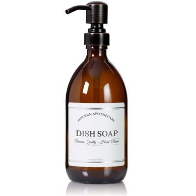 Artanis Home Refillable Amber Glass Dish Soap Dispenser 16 oz Chrome Accent Waterproof Labeled Apothecary Bottle with Oil Rubbed Bronze Pump