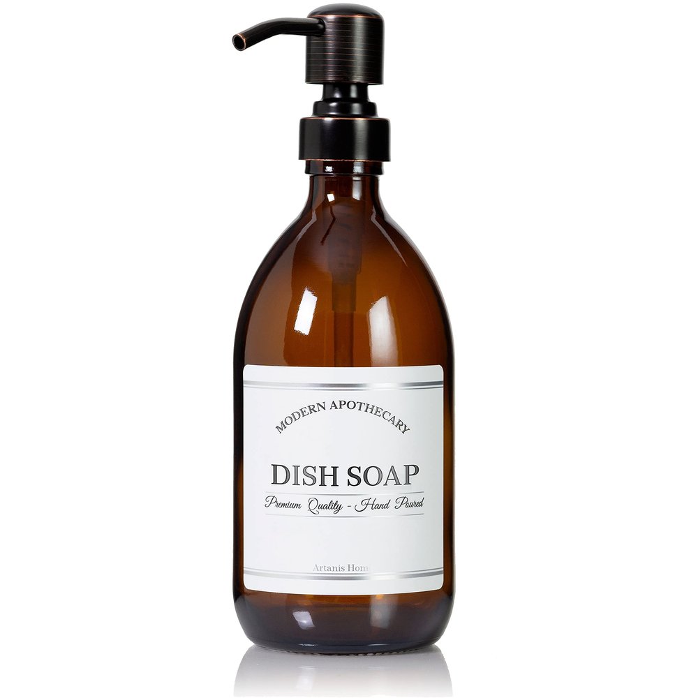 Artanis Home Refillable Amber Glass Dish Soap Dispenser 16 oz Chrome Accent Waterproof Labeled Apothecary Bottle with Oil Rubbed Bronze Pump